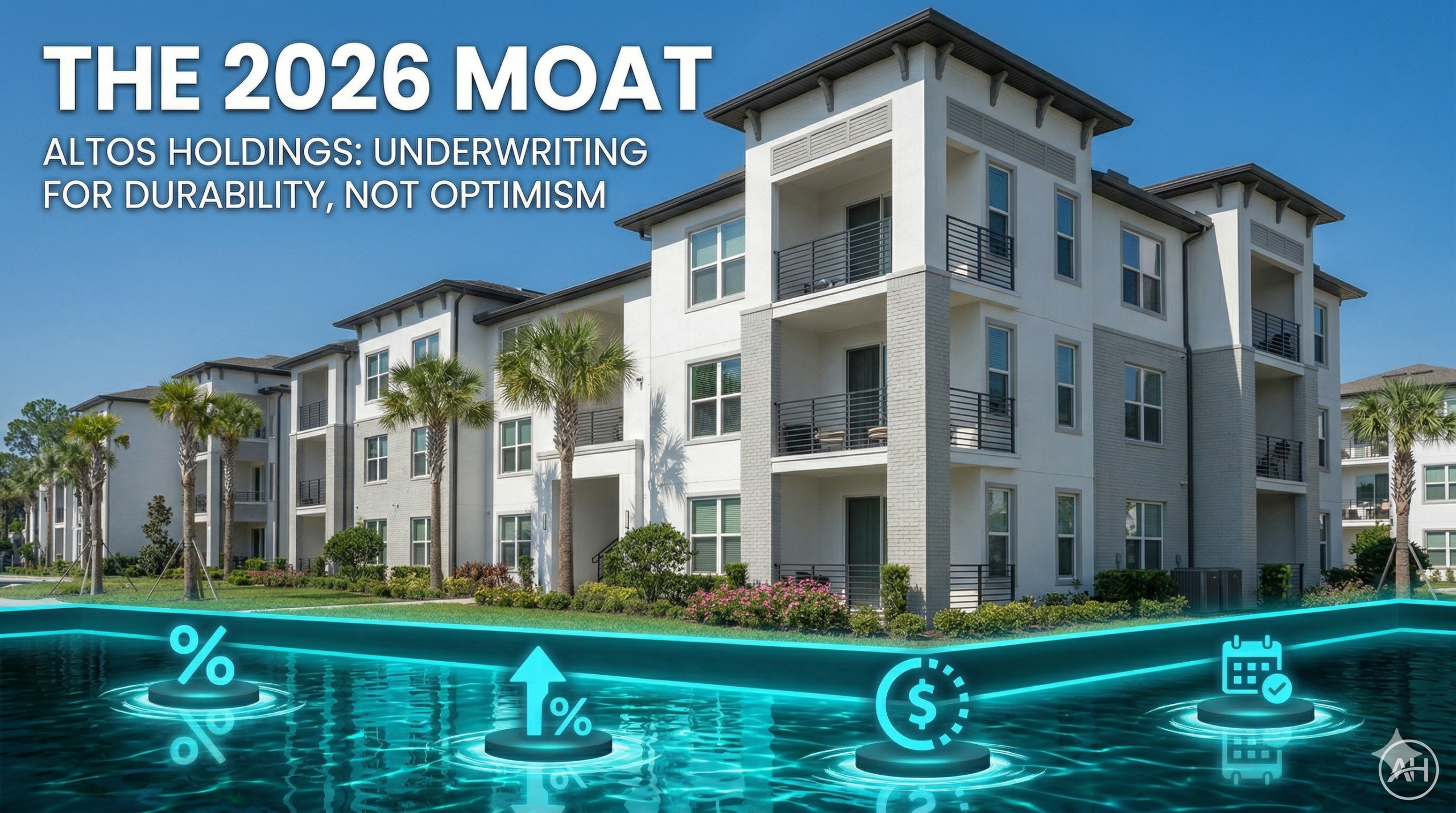 Modern garden-style apartment complex exterior representing Altos Holdings Class B multifamily target asset.