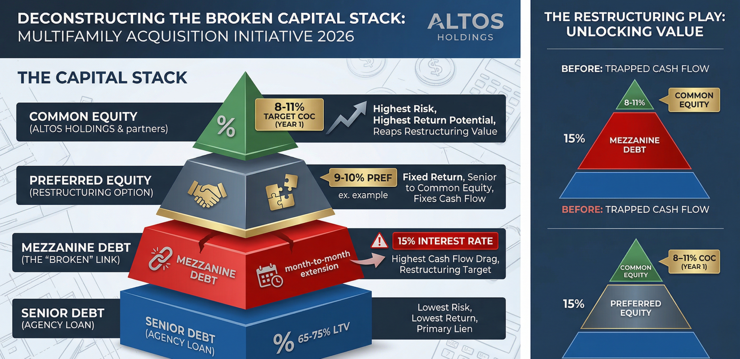 A professional financial diagram of a real estate capital stack for a multifamily acquisition. The base layer shows a large blue block for Senior Debt (Agency Loan). The middle layer is a highlighted red block representing a 'Broken' 15% interest Mezzanine Debt with a crack icon. The top layers show Preferred Equity and Common Equity (Altos Holdings), illustrating how restructuring the mezzanine layer unlocks investor cash flow.