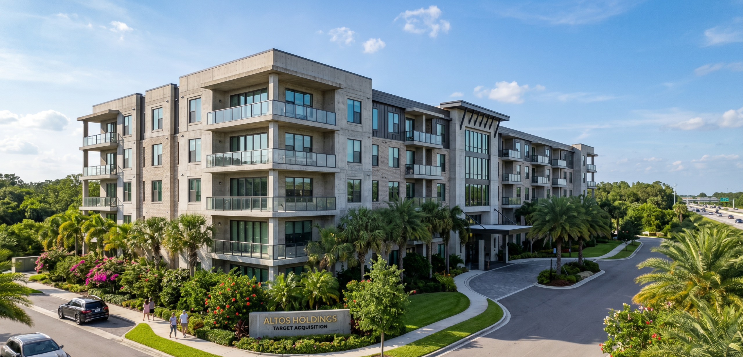 A high-resolution architectural shot of a modern 2000s-vintage concrete multifamily building in the Florida I-4 corridor, highlighting the structural integrity and institutional-grade quality that Altos Holdings targets for off-market acquisitions.